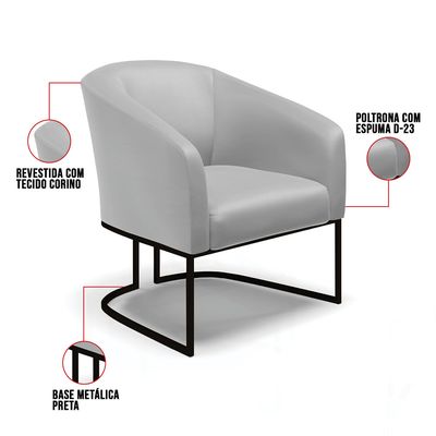 Poltrona Sala Decorativa Kit 2 Stella Base Industrial Preta Sintético Cinza D03 - D'Rossi