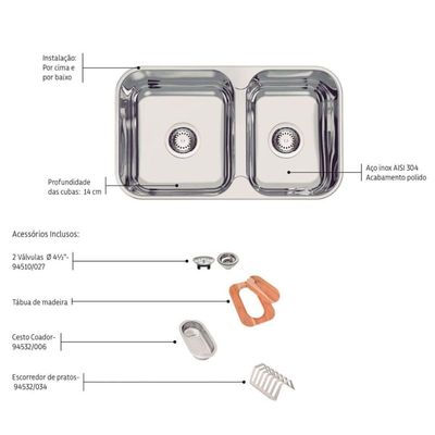 Kit Cuba Dupla Inox Tramontina Gourmet com Escorredor Tábua 69x41cm Pia Cozinha Isis