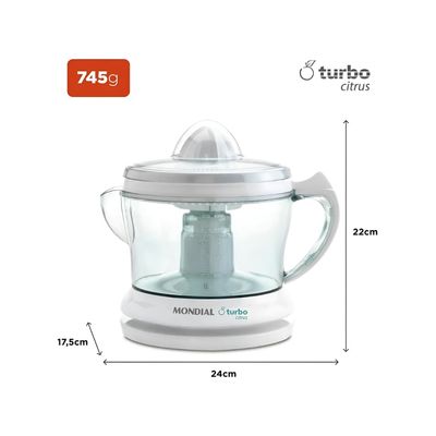 Espremedor de Frutas Elétrico Mondial 220V Turbo Citrus 25W 1,25L Branco Automático com Tampa