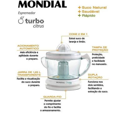 Espremedor de Frutas Elétrico Mondial 220V Turbo Citrus 25W 1,25L Branco Automático com Tampa