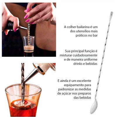 Colher Bailarina para Drinks Sucos Bar Inox Longa 3un
