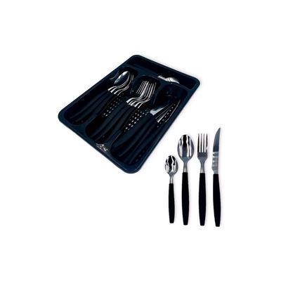 Conjunto Talheres 24 Peças De Inox e Cabo de Plástico Com Organizador de Gaveta Preto