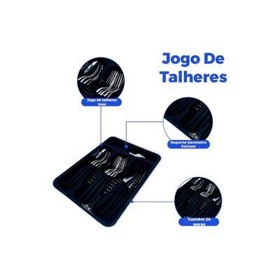 Conjunto Talheres 24 Peças De Inox e Cabo de Plástico Com Organizador de Gaveta Preto