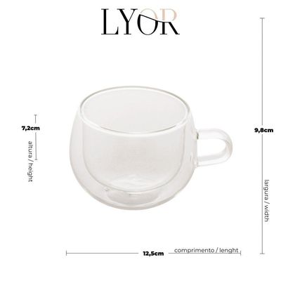 Conjunto De Xícaras Para Chá E Cappuccino 240ml Vidro Duplo 2 Peças Lyor