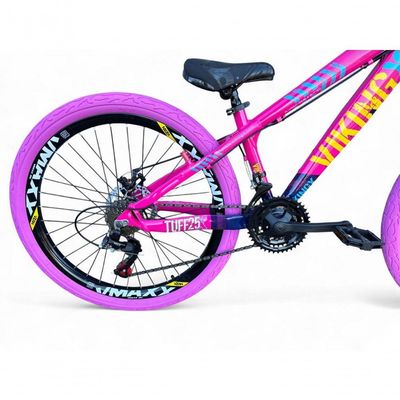 Bicicleta Aro 26 Vikingx Tuff Freeride 21v Aro Vmaxx Freio A Disco Garfo Suspensão Pneu Flame rosa-Azul X25