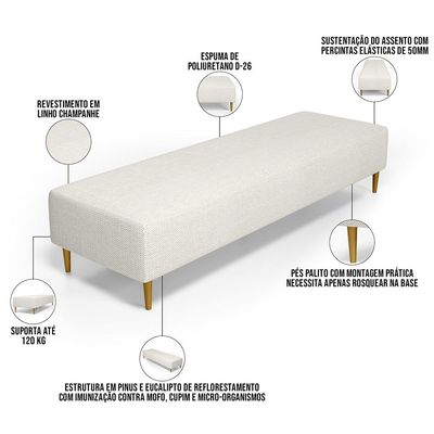 Kit 02 Puffs Decorativo Sala de Estar Bali W01 Pés Palito 190x60cm Linho Champagne - Lyam Decor