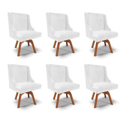 Kit 6 Cadeiras Decorativas Sala de Jantar Base Giratória de Madeira Firenze PU Branco Brilho/Natural G19 - Gran Belo