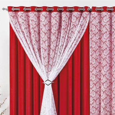 Cortina Yasmin 2 Metros Vermelha Tecido Malha Com Renda Floral Sala ou Quarto