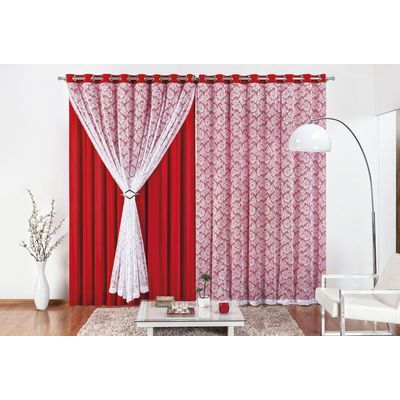 Cortina Yasmin 2 Metros Vermelha Tecido Malha Com Renda Floral Sala ou Quarto