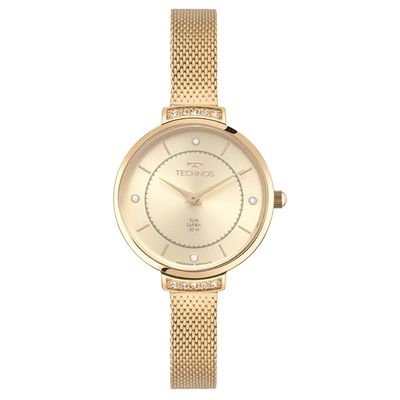 Relógio Technos Feminino Ref: Vj20ab/1x Slim Safira Mesh Dourado