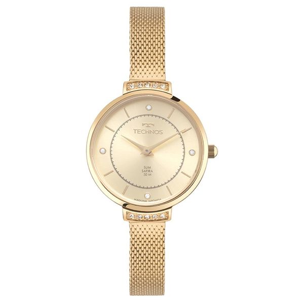Relógio Technos Feminino Ref: Vj20ab/1x Slim Safira Mesh Dourado