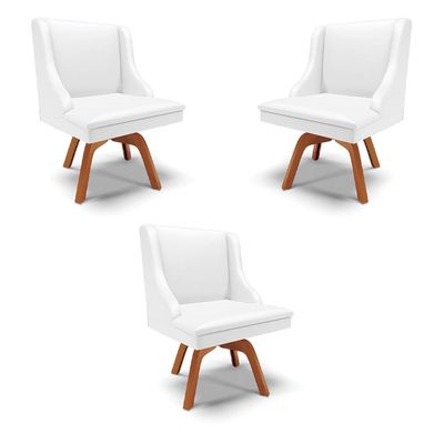 Kit 3 Cadeiras Decorativas Sala de Jantar Base Giratória de Madeira Firenze PU Branco Fosco/Natural G19 - Gran Belo