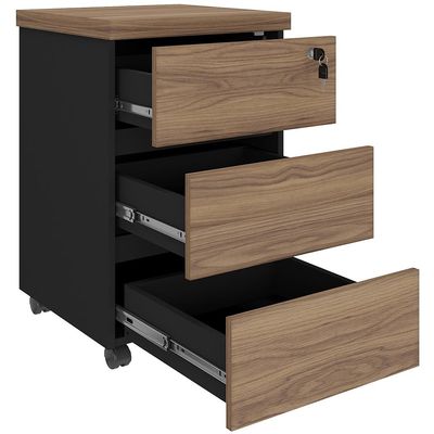 Gaveteiro Para Escritório com Rodízios 03 Gavetas Unik A02 Nogal Preto - Lyam Decor