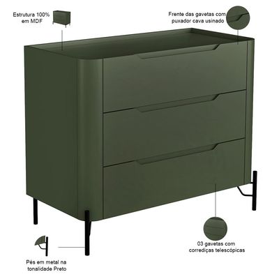 Cômoda Para Quarto Closet Orgânica 3 Gavetas Pés Industrial Preto Bliss I03 Musgo - Lyam Decor