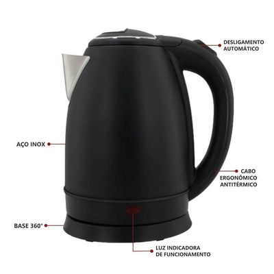 Chaleira Elétrica 1,8L Em Inox Preta 220V 1500w Rápida Fervura