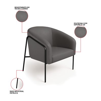 Poltrona Sala Decorativa Kit 2 Stella Base Alta Tubo Preto Sintético Grafite D03 - D'Rossi