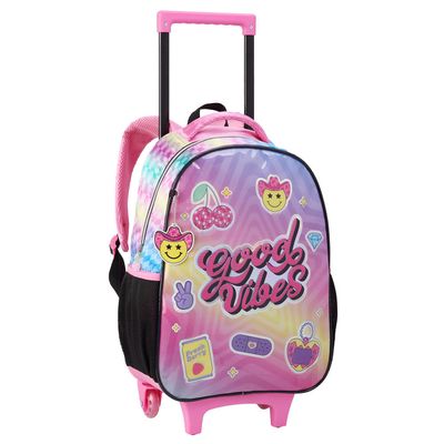 Kit Escolar Feminino Good Vibes Seanite - Mochila com Rodinhas, Lancheira e Estojo