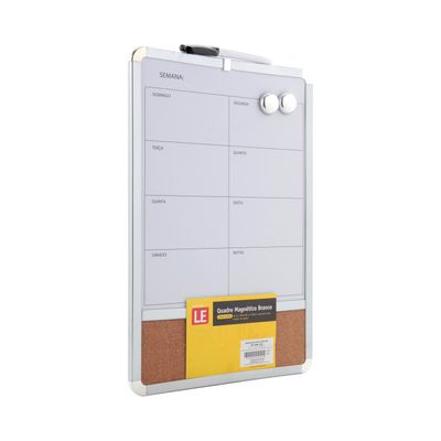 Quadro Magnético Branco Le Planejamento Semanal com Cortiça, 2 Ímãs e Marcador 27x43cm