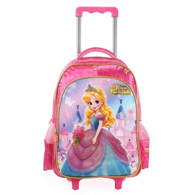 Kit Mochila com Rodinhas, Lancheira e Estojo Escolar Princesa Coroada