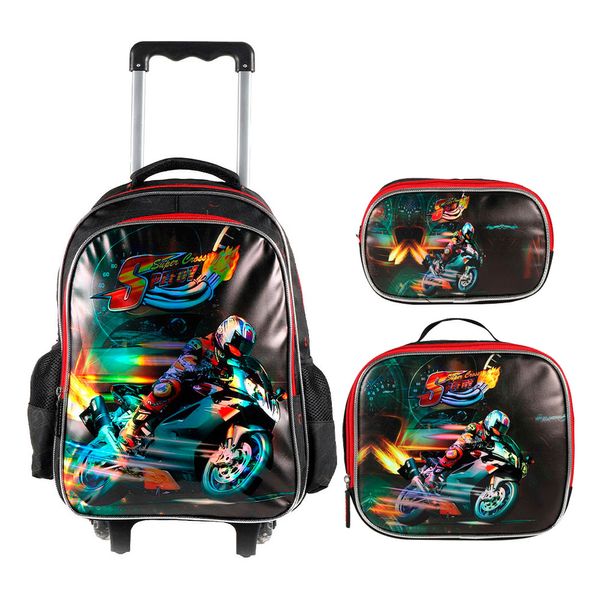 Kit Escolar Motocross Yins - Mochila com Rodinhas, Lancheira e Estojo