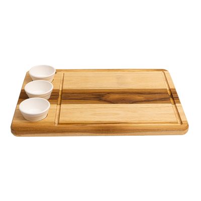 Tábua Retangular Wooden Glow 40x29cm em Madeira Teca com 3 Ramequins Brancos