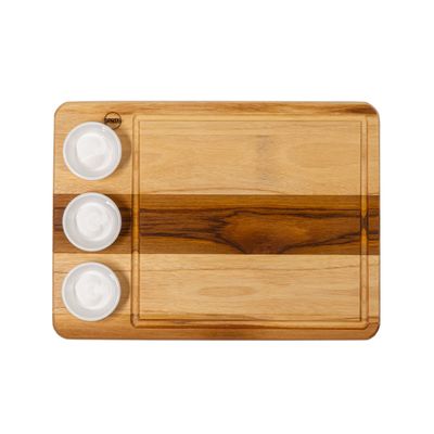 Tábua Retangular Wooden Glow 40x29cm em Madeira Teca com 3 Ramequins Brancos