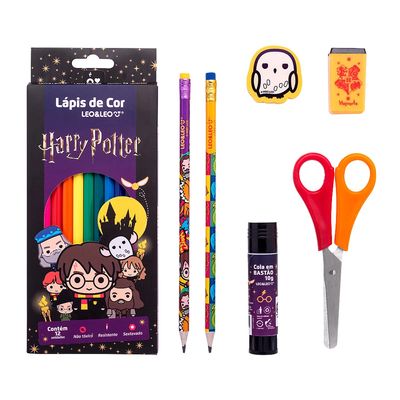 Kit Escolar Leo&Leo Harry Potter 12 Lápis de Cor + Borracha + Apontador + Cola + Régua + Tesoura