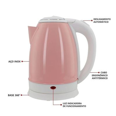 Chaleira Elétrica 1,8L Em Inox Rosa 127v 1000w Rápida Fervura