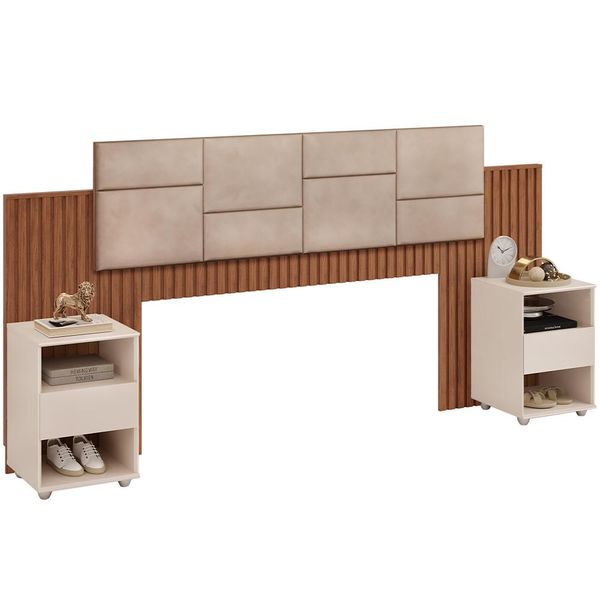 Cabeceira Casal e Queen Estofada Com 2 Mesas Laterais Lice D05 Freijó Off White - Lyam Decor