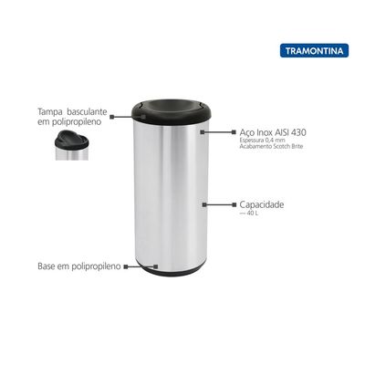Lixeira Inox Tramontina Cápsula Selecta Plus Basculante com Acabamento Scotch Brite e Tampa Basculante Preta em Poliprop