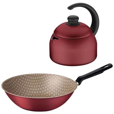 Jogo Chaleira e Frigideira Wok 28cm Tramontina Antiaderente Starflon Max Alumínio Vermelho