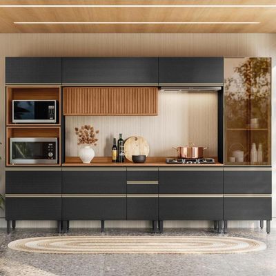Cozinha Modulada Proença 6 Peças Com Cristaleira E Balcão 120cm Nogueira Touch/Carbono Prime Tx - Demartêz