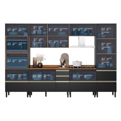 Cozinha Modulada Proença 6 Peças Com Cristaleira E Balcão 120cm Nogueira Touch/Carbono Prime Tx - Demartêz