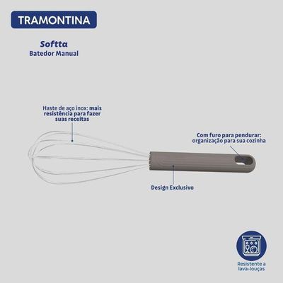 Batedor Manual Tramontina Softta Cinza Em Aço Inox Com Cabo Emborachado