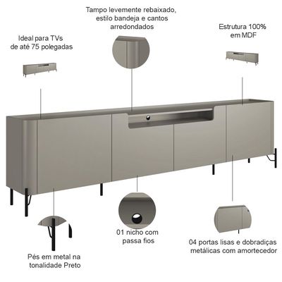 Rack Para Sala de Estar TV 75 Pol 4 Portas Pés Industrial Preto Alef I03 Grigio - Lyam Decor