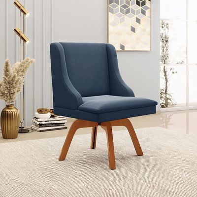 Kit 5 Cadeiras Decorativas Sala de Jantar Base Giratória de Madeira Firenze Suede Azul Marinho/Natural G19 - Gran Belo