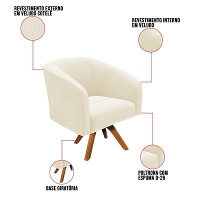 Poltrona Decorativa Kit 2 Stella Base de Madeira Giratória MM30 Veludo Cotelê Bege D03 - D'Rossi