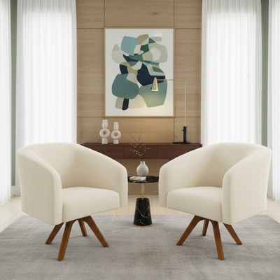 Poltrona Decorativa Kit 2 Stella Base de Madeira Giratória MM30 Veludo Cotelê Bege D03 - D'Rossi