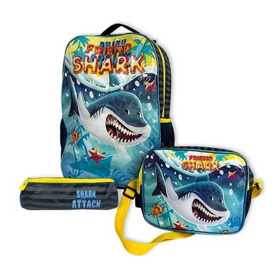 Kit Mochila Infantil Escolar com 03 Peças Tubarão Amarelo