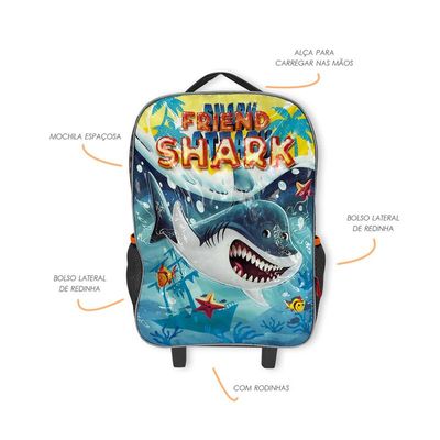 Kit Mochila Infantil Escolar com 03 Peças Tubarão Laranja