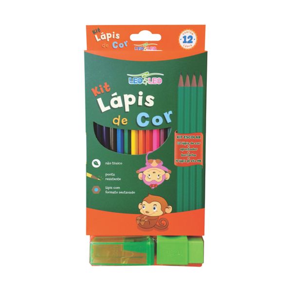 Kit Escolar Leonora 12 Lápis de Cores, 4 Lápis Grafites HB Nº2, 1 Borracha e 1 Apontador