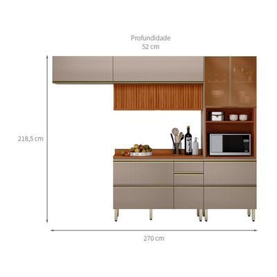 Cozinha Compacta com 2 Vidros Reflecta Ripada Proença 6 Portas 6 Gavetas Bege e Nogueira