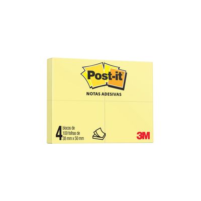 Bloco Adesivo Post It 3M Amarelo 38x50mm 04 Blocos de 100 Folhas Cada