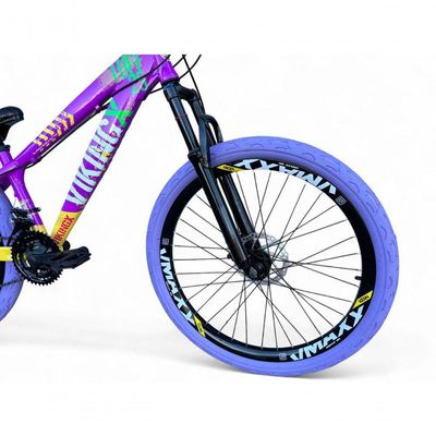 Bicicleta Aro 26 Vikingx Tuff X25 Freeride 21v Aros Vmaxx Dh Freio A Disco Pneu Flame - Roxo-amarelo
