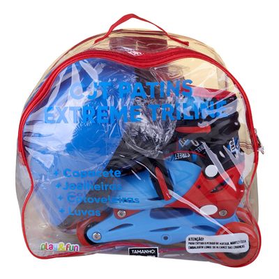 Patins Infantil Play&Fun Triline Extreme com Kit de Proteção e Mochila 28-31