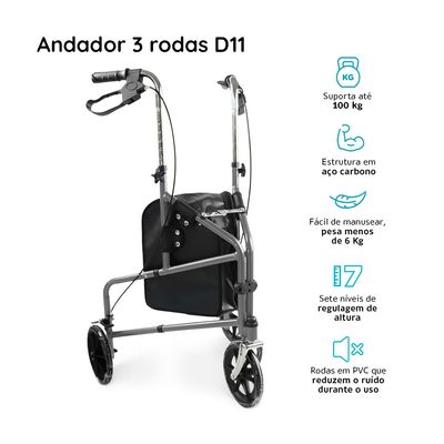 Andador Dobrável 3 Rodas D11 Suporta até 100 kg Dellamed Preto