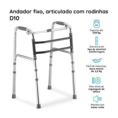 Andador de Alumínio Fixo Móvel e Articulado 3 em 1 D10 Dellamed Alumínio