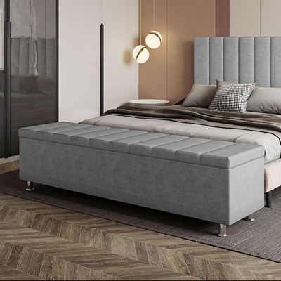 Calçadeira Baú Recamier Estofado King 195 Cm ônix Veludo Cinza