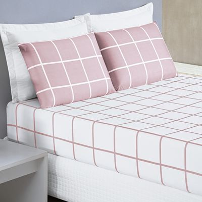 Jogo Cama Lençol Brooklyn Queen Quadriculado Micropercal 200 Fios 3 Peças - Rosa