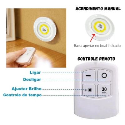 Kit 3 Luminarias Led Spot Lampada Pilha Adesivo Sem Fio Fácil Instalação Teto Parede Armários SMD